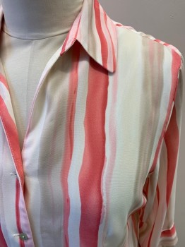 Womens, Blouse, NL, Off White, Raspberry Pink, Ivory White, Polyester, Stripes, B42, 3/4 Sleeves, Button Front, Watercolor Stripes, Pearl Shell Buttons