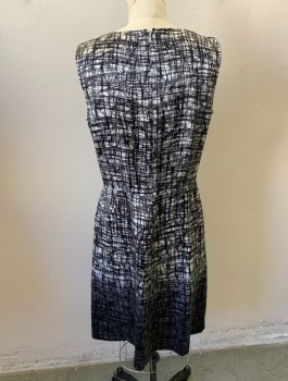 Womens, Dress, Sleeveless, CALVIN KLEIN, Black, White, Gray, Silk, Abstract , Sz.8, Crosshatched Sketchy Lines Pattern, Satin, Bottom is Ombre Into Gray Background, Round Neck, 1 Pleat at Center Front Waist, Knee Length, Invisible Zipper in Back