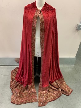 Mens, Historical Fiction Piece 2, N/L, Red, Synthetic, Solid, Size, One, Cape - Red Panne Velvet, Edged in Gold/Red/Orange Brocade Tapestry, Snaps to Hook to Doublet, Also Has a Hook & Bar to Wear Alone, Lined, Made To Order,