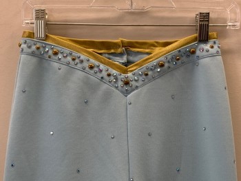 Womens, 1970s Vintage, Piece 2, NO LABEL, Baby Blue, Gold, Polyester, Solid, V26, V Cut Waist Band, Gold And Blue Rhinestones And Studs, Flower On Bottom Pant Leg, Back Zip, Wide Leg, Made To Order,