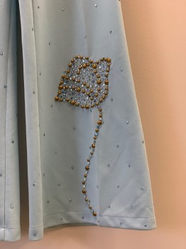 Womens, 1970s Vintage, Piece 2, NO LABEL, Baby Blue, Gold, Polyester, Solid, V26, V Cut Waist Band, Gold And Blue Rhinestones And Studs, Flower On Bottom Pant Leg, Back Zip, Wide Leg, Made To Order,
