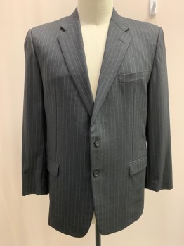 HICKEY FREEMAN, Charcoal Gray, White, Wool, Stripes - Vertical , Single Breasted, 2 Buttons, Notched Lapel, 3 Pockets,
