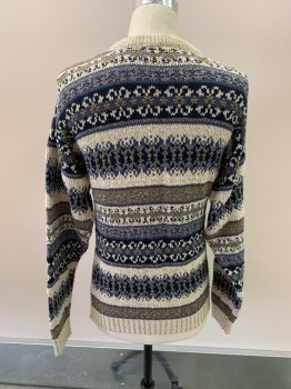 Mens, Sweater, FIELD MASTER, Beige, Navy Blue, French Blue, Khaki Brown, Cotton, Acrylic, Abstract , S, Knit, CN, L/S