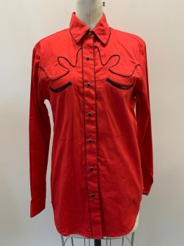 Womens, Western Shirt, WESTERN EXPRESS, Red, Black, Cotton, Solid, 32, 15, L/S, Snap Button Front, Collar Attached, Chest Pockets, Black Piping