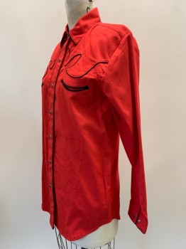 WESTERN EXPRESS, Red, Black, Cotton, Solid, L/S, Snap Button Front, Collar Attached, Chest Pockets, Black Piping