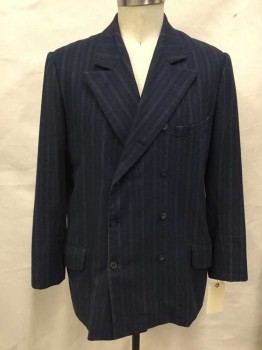 Mens, Jacket 1890s-1910s, NO LABEL, Navy Blue, Lt Gray, Wool, Stripes, 46L, Double Breasted, 3 Pockets,