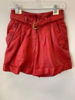 Womens, Shorts, SEMI QUEEN, Red, Leather, W: 28, Belted Waist With Gold Buckle, Slant Pockets, Zip Front, Cuffed