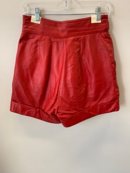 Womens, Shorts, SEMI QUEEN, Red, Leather, W: 28, Belted Waist With Gold Buckle, Slant Pockets, Zip Front, Cuffed