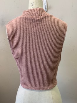 Womens, Top, STEPPING STONE, Mauve Pink, Polyester, Rayon, Solid, M, Sleeveless, High Neck, Ribbed, Cropped