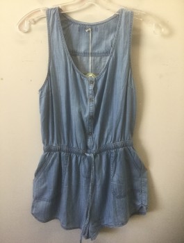 N/L, Denim Blue, Tencel, Solid, Dusty Blue Chambray, Sleeveless, Scoop Neck, Button Front, Elastic and Drawstring Waist, 1" Inseam, 2 Side Pockets