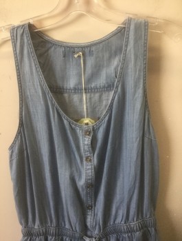 N/L, Denim Blue, Tencel, Solid, Dusty Blue Chambray, Sleeveless, Scoop Neck, Button Front, Elastic and Drawstring Waist, 1" Inseam, 2 Side Pockets