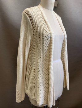 Womens, Cardigan Sweater, ROSIE NEIRA, Cream, Cotton, Solid, S, Loose Textured Knit, L/S, Open Front with No Closures
