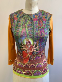Womens, T-Shirt, LOVE, Orange, Green, Blue, Red, Pink, Polyester, Spandex, Print, S, L/S, Crew Neck, Inverted Seam, Beaded Detail On Cuffs