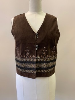 Womens, Vest, WHITE STAG, Dk Brown, Beige, Polyester, Spandex, Geometric, L, Sueded Fabric, V-N, 3 Btns with Decorative Dangling Beads, Horizontal Ribbon Applique And Embroidery On Front