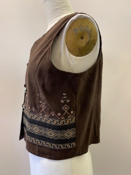 Womens, Vest, WHITE STAG, Dk Brown, Beige, Polyester, Spandex, Geometric, L, Sueded Fabric, V-N, 3 Btns with Decorative Dangling Beads, Horizontal Ribbon Applique And Embroidery On Front