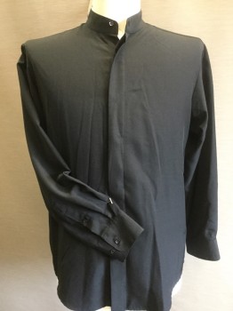 Unisex, Shirt, EDWARDS, Black, Solid, M, Black, Stand Collar Attached, Hidden Button Front, Long Sleeves, Curve Hem