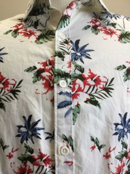 CACTUS MAN, White, Black, Slate Blue, Gray, Red, Cotton, Floral, White with Black, Slate Blue, Red, Green Floral Print, Collar Attached, Button Front, Short Sleeves,