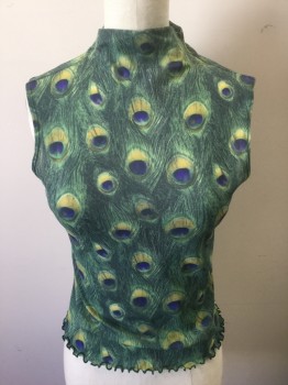 Womens, Top, PANDORA, Dk Green, Green, Chartreuse Green, Royal Blue, Synthetic, Spandex, XS, Peacock Feather Patterned Stretchy Mesh, Sleeveless, High Neckline, Wavy Overlocked Detail at Hem