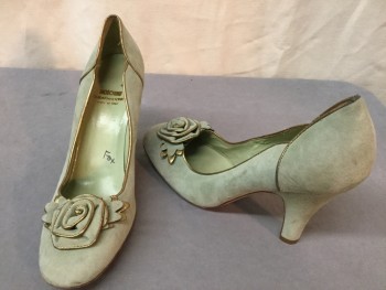 Womens, Shoes, MOSCHINO, Sage Green, Gold, Suede, Solid, 9, Pump, Self Rosette at Toe, Gold Piping Edges, 4.5" Heel, Retro