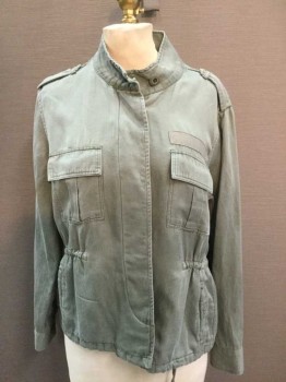 Womens, Casual Jacket, RAILS, Olive Green, Cotton, Solid, XS, Button Front, Hidden Placket, Drawstring Waist, Cuffed Long Sleeves, Epaulets, Multipocket, Band Collar