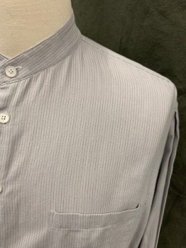 PERRY ELLIS, Lt Gray, Black, Cotton, Stripes, Button Front, Collar Band, 1 Pocket, Long Sleeves,