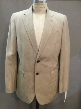 Jaeger, Tan Brown, Silk, Linen, Solid, Single Breasted, Collar Attached, Notched Lapel, 3 Pockets, 2 Buttons