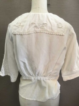 N/L, White, Cream, Cotton, Solid, Short To Half Sleeve, Sailor Collar with White Lace Trim and Open Threadwork/Embroidery, Snap Closures, Muslin Modesty Panel/Peplum Underlayer Added,