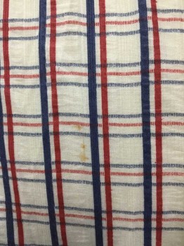 FRUIT OF THE LOOM, White, Navy Blue, Red, Polyester, Cotton, Plaid - Tattersall, Plaid-  Windowpane, White W/Navy + Red Grid/Windowpane Stripes, Short Sleeve Button Front, Collar Attached,  1 Pocket, **Small Rust Stains Scattered Throughout
