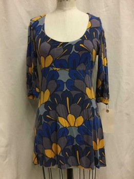 Womens, Dress, Long & 3/4 Sleeve, FORVER21, Gray, Navy Blue, Royal Blue, Mustard Yellow, Rayon, Spandex, Floral, Abstract , M, Gray/ Navy/ Royal Blue/ Mustard Abstract Floral Print, Round Neck, 3/4 Sleeves