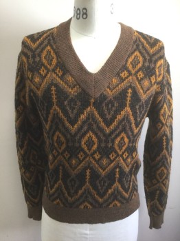 Mens, Sweater, RICHLINE, Brown, Orange, Black, Wool, Geometric, Boys, Sz 18 , S , Small Adult/Large Boys Size, Brown, Black and Orange Zig Zags/Diamonds/Etc Pattern Knit, Long Sleeves, V-neck, Solid Brown at Neck, Cuffs and Waist
