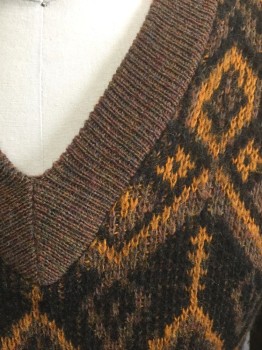 Mens, Sweater, RICHLINE, Brown, Orange, Black, Wool, Geometric, Boys, Sz 18 , S , Small Adult/Large Boys Size, Brown, Black and Orange Zig Zags/Diamonds/Etc Pattern Knit, Long Sleeves, V-neck, Solid Brown at Neck, Cuffs and Waist