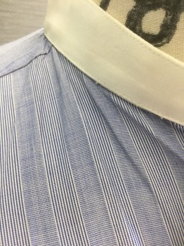 N/L, French Blue, White, Cotton, Stripes - Micro, French Blue and White Micro Stripes Within Larger Stripes, Long Sleeve Button Front, Solid White Band Collar,  Made To Order Reproduction,
