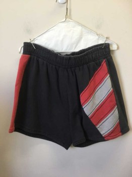 Mens, Shorts, WESTERN COSTUME CO, Faded Black, Cotton, 28, Faded Black W/1 Side Red Vertical Stripe, and  Diagonal Red, Black, and Gray Stripes Block, 2 " Elastic Stripes
