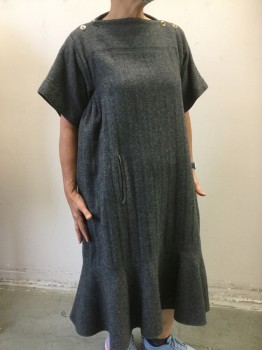 Womens, Dress, Short Sleeve, N/L, Charcoal Gray, Wool, Solid, B42, Heavy Wool, 4 Buttons at Shoulders, 1 Vertical Welt Pocket at Hips, Circular Ruffle at Hem, Short Sleeves, Funky, Odd, Unique,
