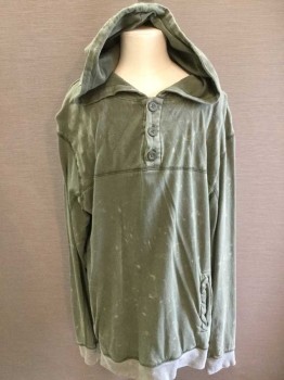 MOSSIMO, Lt Olive Grn, Cashmere, Long Sleeves, Pullover, Hoodie, 3 Buttons,  Pockets, Aged/Distressed,  Diamond Quilted Yoke,