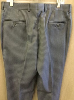 Mens, Suit, Pants, SAKS FIFTH AVENUE, Navy Blue, Royal Blue, Wool, Stripes, 36I, 34W, Flat Front, Button Tab, 4 Pockets,