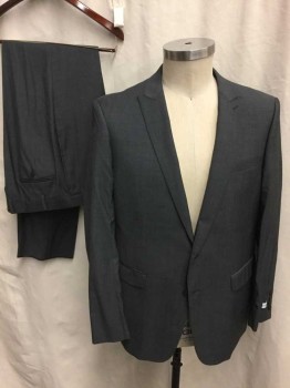 CALVIN KLEIN, Gray, Wool, Herringbone, Single Breasted, 2 Buttons,  3 Pockets, Tiny Herringbone, Peaked Lapel, Hand Picked Collar/Lapel, 'Extreme' Slim Fit