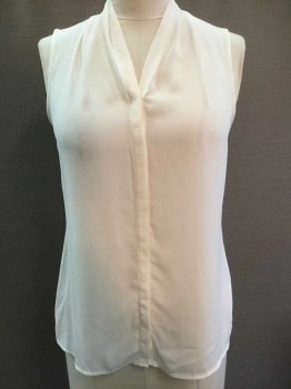 BANANA REPUBLIC, Off White, Polyester, Solid, Sleeveless, Pleated Back Collar, Pleated at Shoulder, Button Front, Hidden Placket
