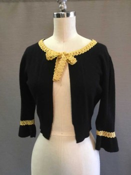 Womens, Sweater, JOVOVICK HAWK, Black, Gold, Cashmere, Acetate, Solid, XS, Jewel Neck Bolero Cardigan with Gold Trim at Neckline Creating Self Tie. Gold Trim at Cuffs, 3/4 Sleeves