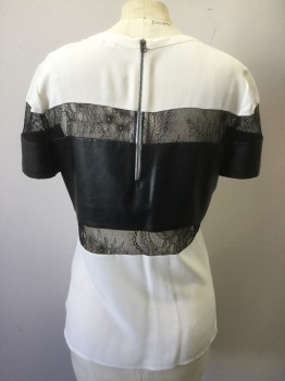 CHELSEA & WALKER, Off White, Silk, Leather, Stripes, with Bands of Black Lace and Leather, Crew Neck, S/S, Side Slits, Back Zip****Black Smudge on Shoulder****