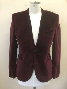 Mens, Sportcoat/Blazer, HUGO BOSS, Red Burgundy, Cotton, Solid, 40R, Velvet, No Lapel, 2 Buttons,  3 Welt Pockets, Black Self Paisley Patterned Lining, ***Has a Double