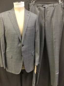 Mens, Suit, Jacket, HICKEY FREEMAN, Gray, Dk Gray, Lavender Purple, Wool, Plaid, 44L, Single Breasted, 2 Buttons,  3 Pockets, Notched Lapel, Top Stitch, Double Back Vents