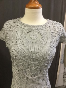 Womens, Dress, Short Sleeve, JS COLLECTIONS, Lt Gray, Cotton, Cable Knit, Abstract , 6, Cap Sleeve with Piping Swirl Detail , Scoop Neck