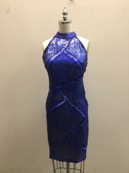 Womens, Cocktail Dress, N/L, Blue, Synthetic, Sequins, Abstract , W26, B32, Holographic Sequinned All Over with Navy Bugle Beads, Halter Neck, Backless, Doubles