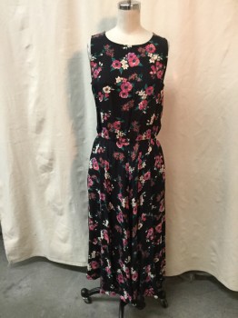 ED MICHAELS, Black, Rose Pink, Purple, Green, White, Synthetic, Floral, Round Neck,  Sleeveless, Elastic Waist,