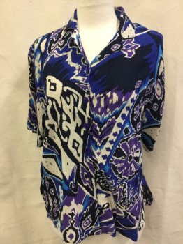 VERMONT COUNTRY STOR, Navy Blue, Blue, Purple, White, Turquoise Blue, Cotton, Abstract , Short Sleeves, Button Front, Collar Attached,