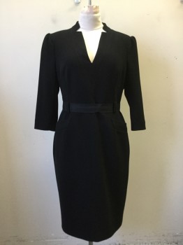 Womens, Dress, Long & 3/4 Sleeve, KAREN MILLEN, Black, Synthetic, Polyester, Solid, 12, V-neck with Collar Attached, 3/4 Sleeve, 2 Pockets, Zip Back Belt Loops, Self Belt with Grosgrain Ribbon, Gathered Sleeve Inset