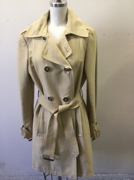 Womens, Coat, Trenchcoat, KENNETH COLE, Khaki Brown, Cotton, Polyester, Solid, B 34, 6, S, Notched Lapel, Double Breasted, Epaulets, ****with Belt