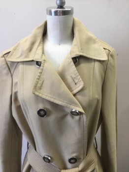 Womens, Coat, Trenchcoat, KENNETH COLE, Khaki Brown, Cotton, Polyester, Solid, B 34, 6, S, Notched Lapel, Double Breasted, Epaulets, ****with Belt
