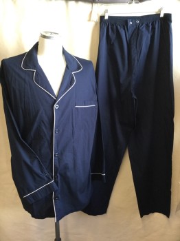 Mens, Sleepwear PJ Top, HARBOR BAY, Navy Blue, White, Cotton, Polyester, Solid, ~, XL, TOP:  Navy with White Pipping Trim, Collar Attached, Button Front, 1 Pocket, Long Sleeves,  with Matching Bottom